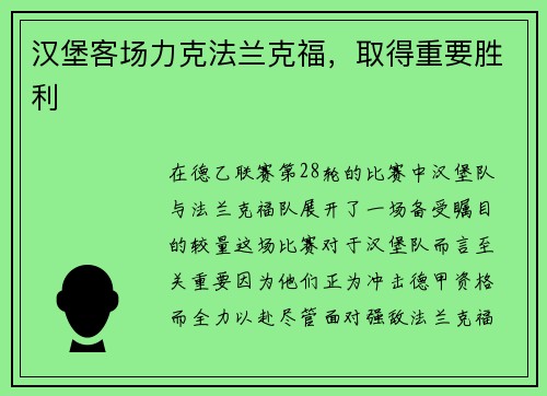 汉堡客场力克法兰克福，取得重要胜利