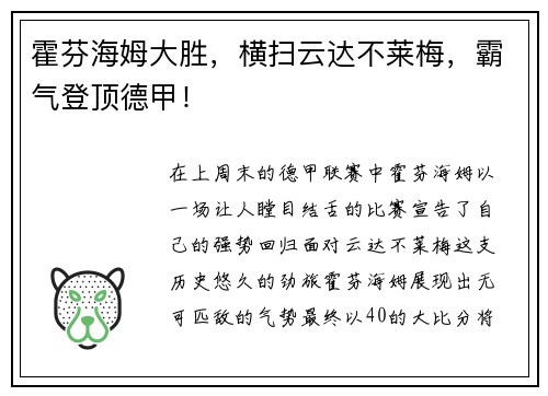 霍芬海姆大胜，横扫云达不莱梅，霸气登顶德甲！